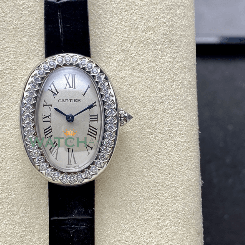 Cartier - Baignoire - White Dial - Diamond Bezel - Black Leather Strap