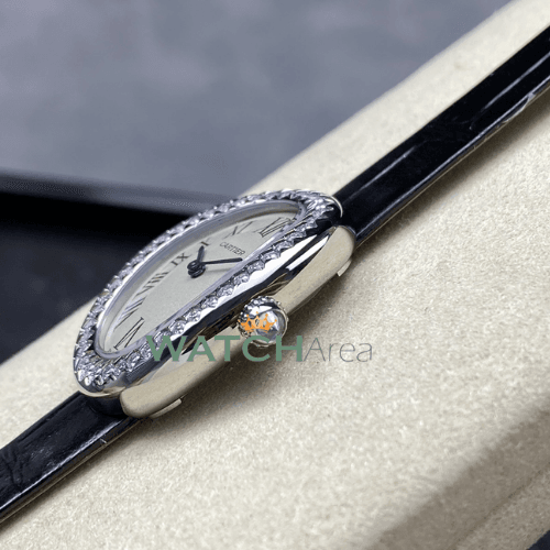 Cartier - Baignoire - White Dial - Diamond Bezel - Black Leather Strap 4